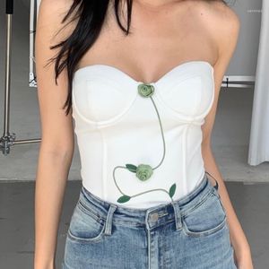 Damestanks groene bladeren en rozen korset zoete witte sexy vrouw camisole ingebouwd in bh backless tanktop vrouwen kleding drop