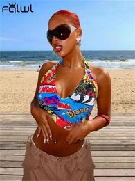 Tanks Femmes Habbris Couleur Imprimé Halter Débardeurs Summer Beach Vêtements Femmes 2024 Y2K Graphique Bodycon Gilet Mode Sans Manches Crop Top