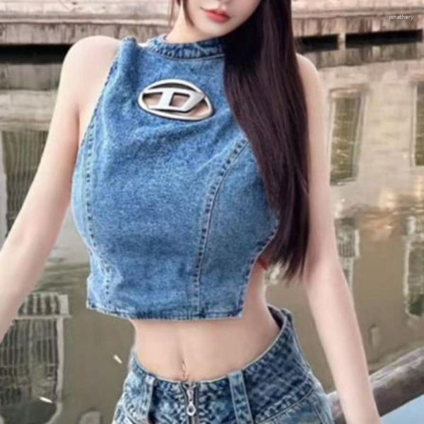 Débardeurs pour femmes Halter Off-shoulder Crop Top Sexy Backless Bandage Streetwear Denim Vest T-shirt Y2k Vêtements Été Vintage Chic