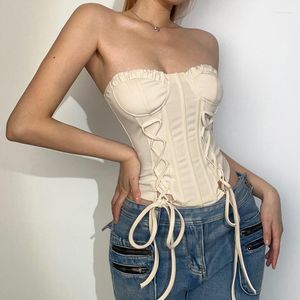 Tanks pour femmes Harajuku Kawaii Vintage Cami Vest Girl Crop Top Blanc Dentelle Frill Zipper Taille Haute Bandage Slim Fit Corset Y2K Femmes