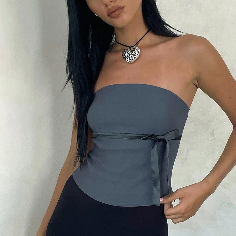 Women's Tanks Harajuku Strapless Tank Tops With Bowtie Patchwork Skinny Crop Casual Camisole Tee Shirt Outfits 2024