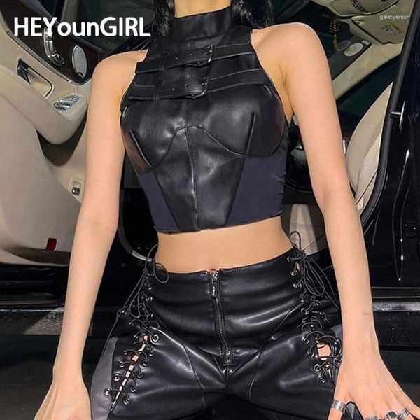 Tanks pour femmes HEYounGIRL Punk High Street Femmes Débardeur En Cuir Boucle Sans Manches Fermeture À Glissière Patchwork Crop Gilet Tee Hip Hop Club Lady Camis