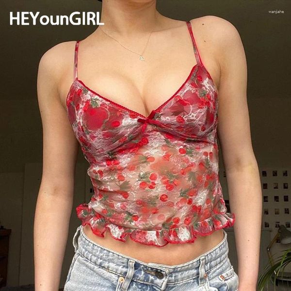 Tanks de mujer Heyoungirl Mujeres Cerezo Mesh Tie Dye Camisole Camisole Rojo Sexy V Neck Ver a través de la linda camiseta de tanque Y2K Spring Estética