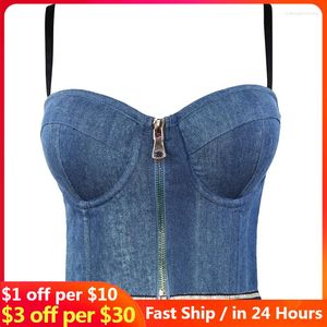 Damestanks High Street Outfit Crop Tops Women Stretch Denim Zippered Vest Top Sexy Push Up Tassels Plastic Bandeau Leisure Groothandel Groothandel