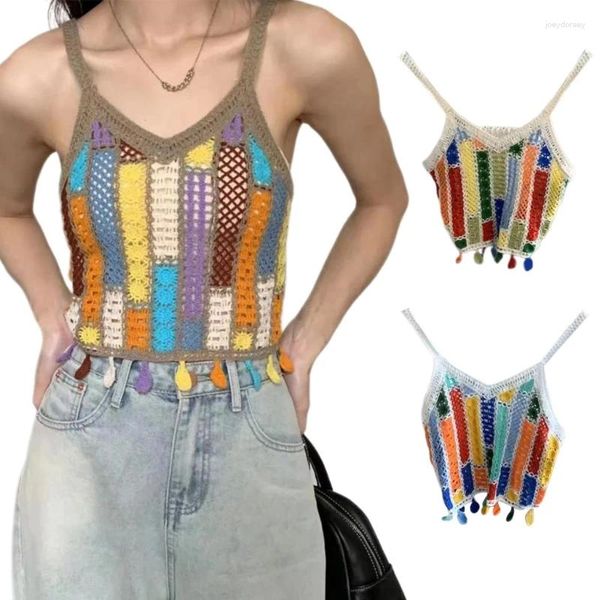 Camisetas sin mangas para mujer, Top corto de punto de ganchillo ahuecado, chalecos con borlas coloridas bohemias para mujer