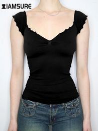Tanks pour femmes Iamsure Casual Solid Slim T-shirt Basic Deep V-Col Neck Sans manchons t-shirts Tops Tops Femme 2024 Été Fashion Streetwear Lady