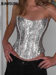 Tanks de mujer IAMSURE Clubwear Sparkle Glitter Corsé Top sexy Slim Solk Cuello Maneco Tanks Women 2024 Summer Fashiin Ladies