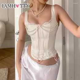 Tanques femininos iamty estilo francês pérola beading couro tanque tops branco preto coquette estética magro espartilho bonito laço arco camisola mulheres