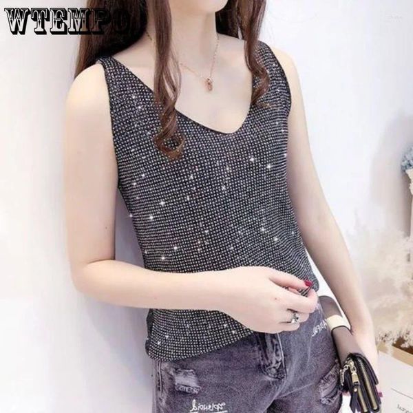 Tanks pour femmes Ice Silk Tank Bright Diamond Diamérit Vest Sexy Sexy V-Cold Top Undershirt Loose Summer Corée Summer Wholesale