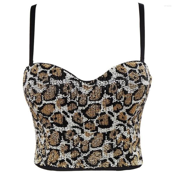 Tanks Femmes Ins Fashion Femmes Summer Black Perles Léopard Bustier Corset Tops à porter High Street Crop Top Ladies Club Party