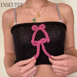 Vrouwen Tanks INSCUTEE Vintage Kawaii Boog Gebreid Vest Vrouwen Pastel Goth Streetwear Y2k E-girl Sweet Fairycore Grunge Crop Tank Tops Vrouwelijke