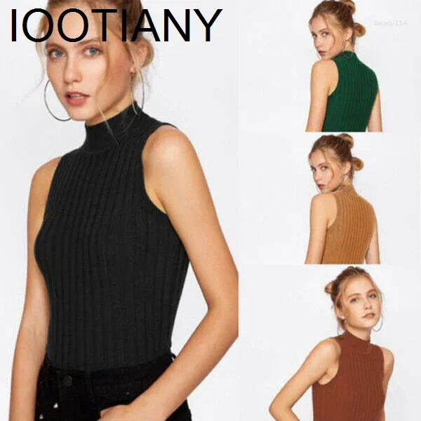 Tanques de mujer IOOTIANY Alta calidad Verano Otoño Mujeres Mock Neck Top Turtleneck Sin mangas Camiseta Slim Punto Chaleco Mujer Tee Prendas de punto