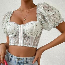 Tanks de femmes Isarose Femmes Sexy Floral Puff Sleeves Stretchable Stretch See-Thround