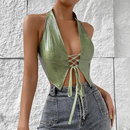 Tanks pour femmes Isarose Femmes Summer Sexy Sexe Low Cut Sans manches Green Pu Leather Front Bandage ajusté Backless Backless Party Club Halter Crop