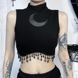 Tanques de mujer ISAROSE Mujeres Topes de borde de las mujeres Summer Black Hollow Mesh Crescent Moon Half Turtleneck Manseveless Short con Fringe de cuentas