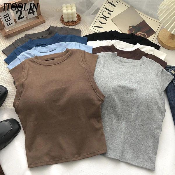 Tanques de mujer ITOOLIN Mujeres Tops de tanques de algodón con almohadilla de sujetador Primavera Casual Cultivo sin mangas de punto para camisola elegante All-Match