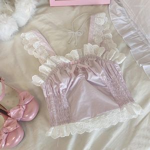 Débardeurs femme japon esthétique princesse débardeurs rose doux Lolita haut court Kawaii mignon vêtements femmes été Chic dentelle nœud sans manches