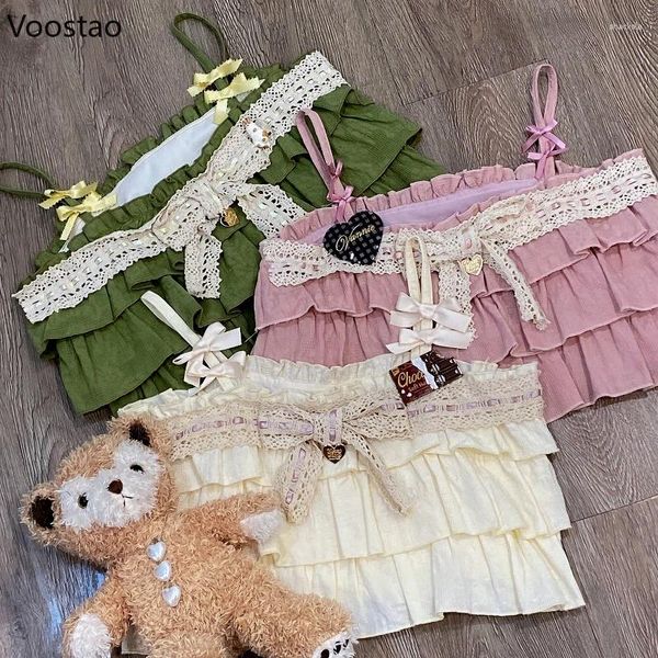 Tanks pour femmes Style japonais Vintage Coton Lolita Crop Tops Femmes Été Volants Dentelle Bow Mignon Camis Sweet Girls Kawaii Vêtements Princesse