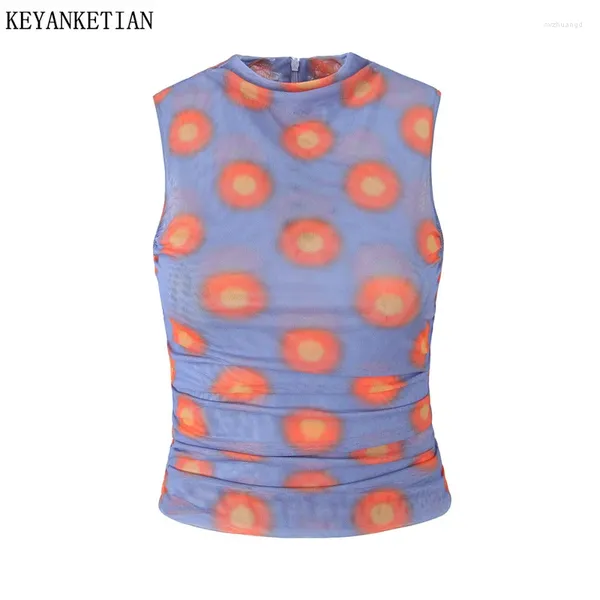 Tanks pour femmes Keyankettian 2024 Lancez vintage dot imprime arrière zipper tulle nette sans manche