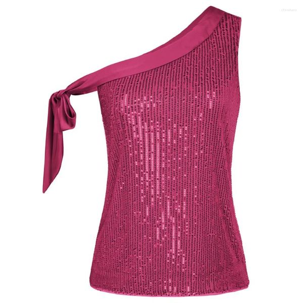 Tanks pour femmes KK Femmes Sexy Débardeur Paillettes Cravate Cravate Un Noeud Une Épaule Pliant Col Sans Manches Pull Tops Cropped Feminino