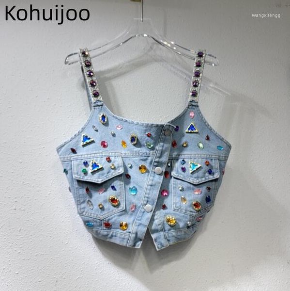 Tanks Femmes Kohuijoo Summer Sexy Femmes Tops 2023 Sweet Corset Vintage Cross Camisole Débardeur Gilet Lourd Perles Diamant Denim Crop