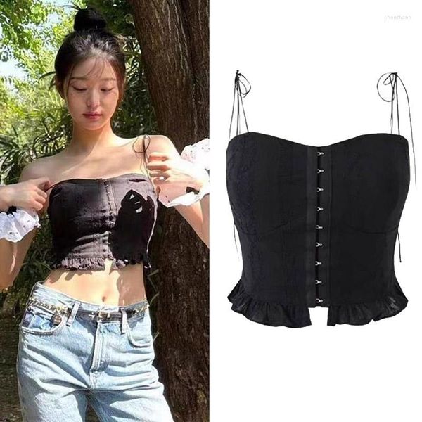 Tanks Femmes Kpop Coréen Jang Won Jeunes Femmes Sexy Camisole Crop Top Fille Slim Party Club Sling Débardeurs Femme Y2k Été Gilet À Lacets