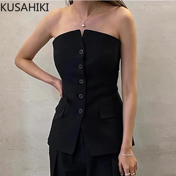 Tanques de mujer Kusahiki Chaleco sin mangas negro Tops Mujeres Verano 2024 Moda Sexy Sin tirantes Causal Single Breasted Slim Tank Top