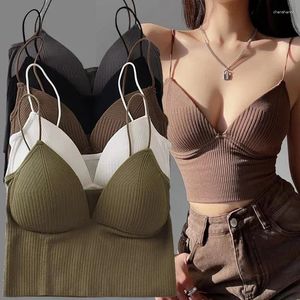 Débardeurs pour femmes, Camisole coupe cintrée, soutien-gorge Push Up extensible et Sexy avec coussinets de poitrine, haut court tricoté, Tube court, col en v, Bralette