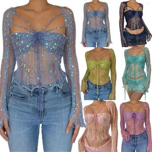 Débardeurs pour femmes dames paillettes 2 pièces jupe ensembles dos nu à lacets haut sans bretelles cardigan coupe basse été tricoté costume clubwear vêtements