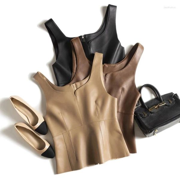 Tanks Femmes Gilet en peau d'agneau Femmes Femme Vintage Ligne de couture Fermeture à glissière O-Cou Naturel Cuir Sling Outwear Brown Minceur Débardeur Chaleco