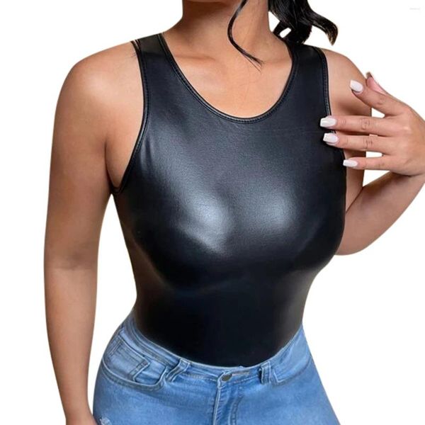 Camisetas sin mangas para mujer, Tops de cuero, chaleco con tirantes para mujer, tirantes sin mangas, ceñido al cuerpo, camisola ajustada negra, ropa para discoteca de verano