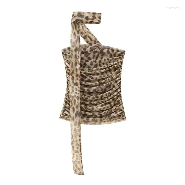 Tanques de mujeres leopardo estampado plisado tul tul top para mujeres de la moda sexy niña sin espensas cinturón de halter retro americano cuello