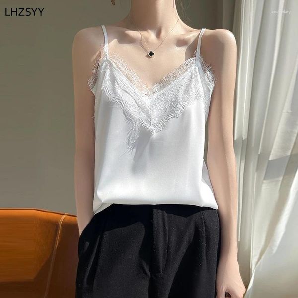 Tanks pour femmes lhzsyy été 2024 Silk Satin V-Neck Suspender Gite for Ladies Sexy Lace Sling Fashion Mulberry Clets Chemis interne