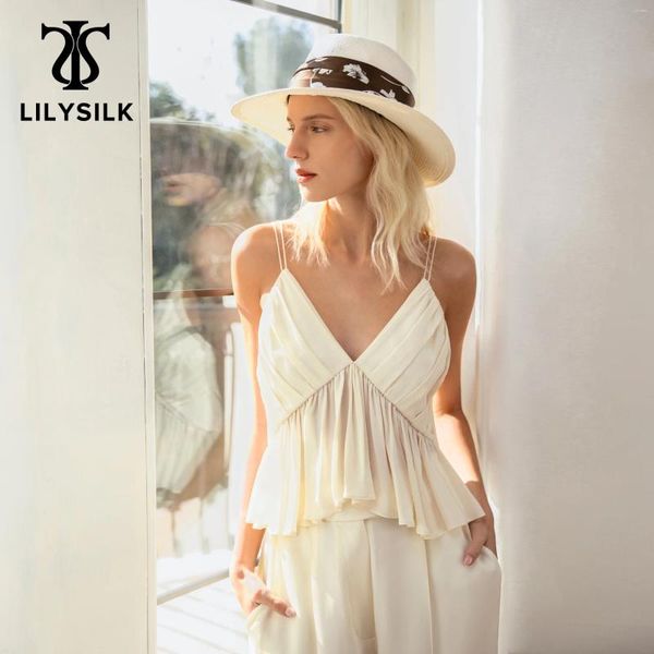 Tanques de mujer LILYSILK verano 18 Momme camisola de seda 2024 mujer plisado cuello en V Pactchwork Tank Top señoras Boho trajes