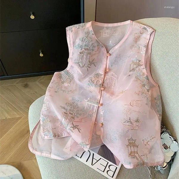 Tanks pour femmes Limiguyue Chinois Style de haute qualité Mesh Gitre Femme Summer Retro Button Sans manches Blouse mince Shirt Pink Split