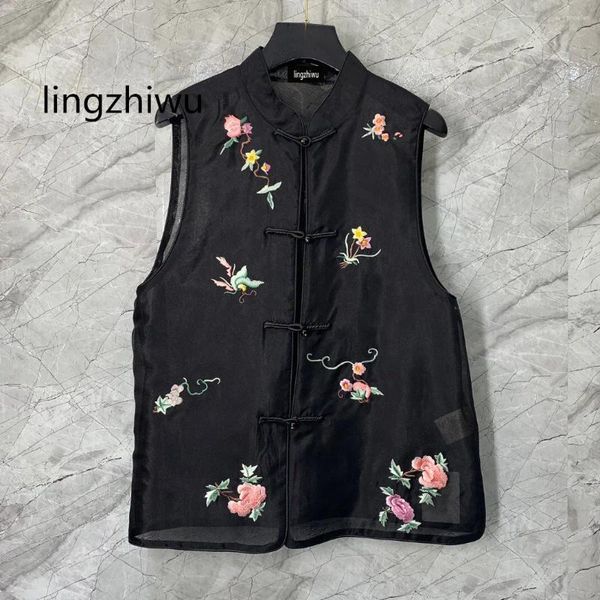Tanks pour femmes Lingzhiwu Broidery Organza Top 2024 Spring femelle fleur transparent Stand Collar chinois arrive