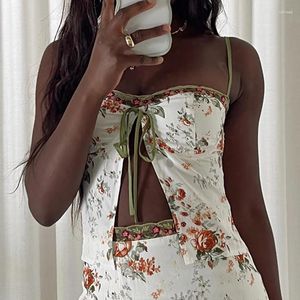 Dames Tanks Maemukilabe Chic Bloemenprint Kanten Trim Crop Top Vooraan Vastgebonden Strik Split Spaghettibandjes Camis Dames Y2K Vintage Backless Vest