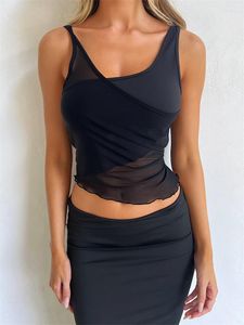 Débardeurs pour femmes Mesh Sheer See Through Patchwork Tank Exposed Nombril Tops Summer Streetwear Sexy Women Irregular Hem Black Mini Vest Clothes