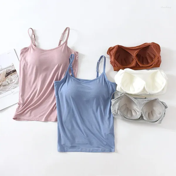 Débardeurs pour femmes Camisole modale couleur unie bretelles réglables hauts débardeur avec buste rembourré couche de base sous-vêtements féminins C5545