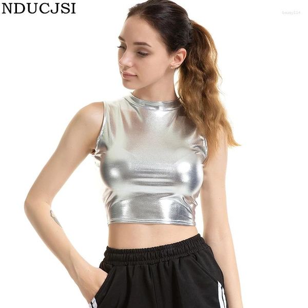 Tanques de mujer NDUCJSI Moda Fiesta Club Wear Sexy Tank Top Mujeres Slim Crop Cuero Sin mangas Chaleco High Street Stretchy Punk