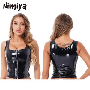 Tanks Femmes Nimiya Womens Pure Wet Look Cuir Verni Débardeurs avec fermetures à glissière avant U Cou Gilets sans manches pour bars Nightclub Pole