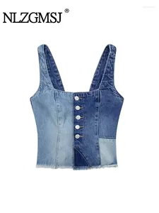 TRAF 2024 Zomer Ruwe Zoom Patchwork Denim Vest Dames Tops Designer Mouwloze Knop Cropped Jeans Tank Top