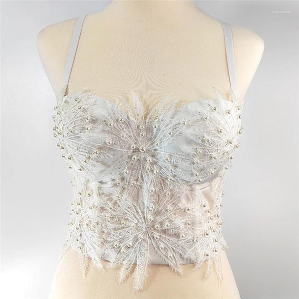 Tanques de mujer Corsé bordado con cuentas de perlas Decoración de flores de encaje Camisola blanca Sujetador Bustier Mujeres recortadas Top sexy sin espalda Camiseta sin mangas de fiesta