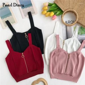 Tanks pour femmes Pearl Dairy Knitted Cami Tops Femme Femme Zipper Front Club Sex Sex Top Sweetheart Sous-manches
