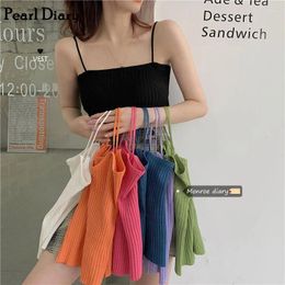 Women's Tanks Pearl Diary Female Rib Knitted Camisole Stretchable Knit Crop Cami Top Ribbed Short Going Out Spaghetti Strap Croppd