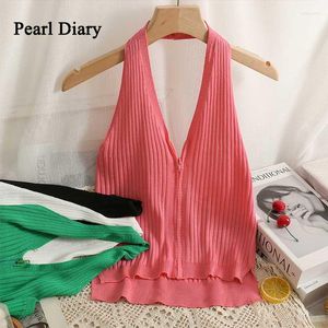 Débardeurs pour femmes Pearl Diary Summer Vertical Bar Zipper Short Camisole Vest Slim Pure Color Neck-Monted Tops All-Match Chic Knitting Top