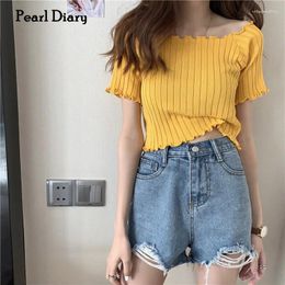 Damestanks Pearl Diary Women Cute Tops Off Shoulder Ribbed Short Sleeve Settuce Edge Going Out Casual Streetwear Girls