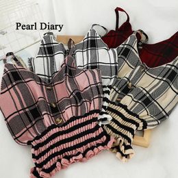 Tanks pour femmes Journal Perle Femmes Summer Tricoting Camisole Plaid Spaghetti Bouteille courte Boutons