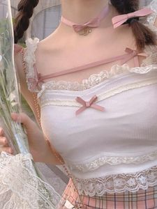 Débardeurs pour femmes rose japonais Kawaii Lolita haut court femmes blanc coréen collège Style doux débardeur nœud dentelle France princesse gilet femme 2023