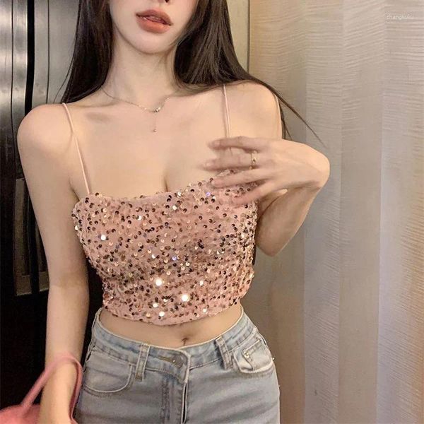 Tanks Femmes Rose Paillettes Crop Tops Femmes 2023 Été Sexy Low Cut Camisole Femme Y2K Sans Manches Spaghetti Strap Débardeur Clubwear